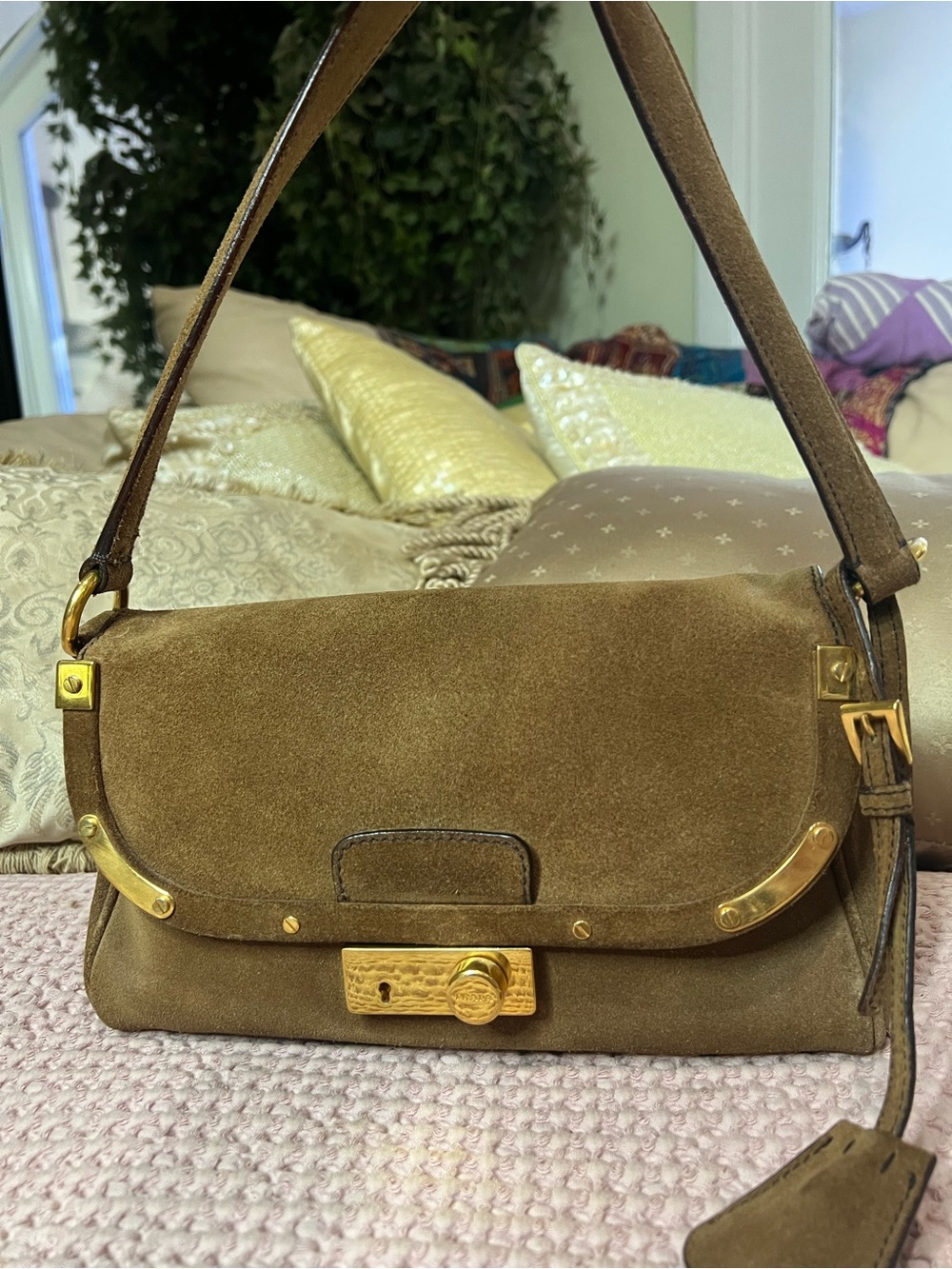 Vintage Prada Camoscio Suede Push Lock Shoulder Bag - Brown w/ COA